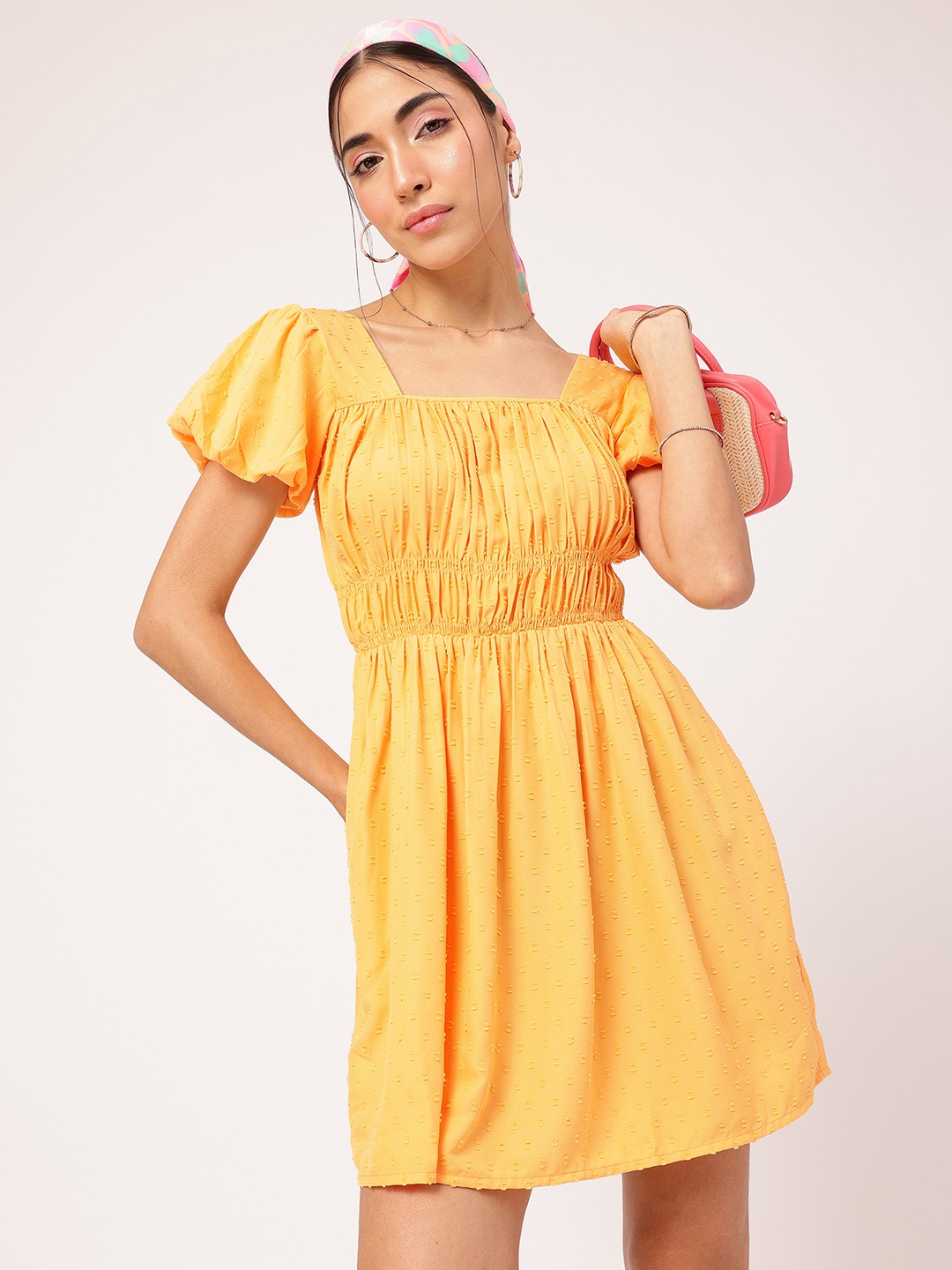 

DressBerry Wanderlust Wardrobe Dobby Weave Smocked A-Line Mini Dress, Yellow