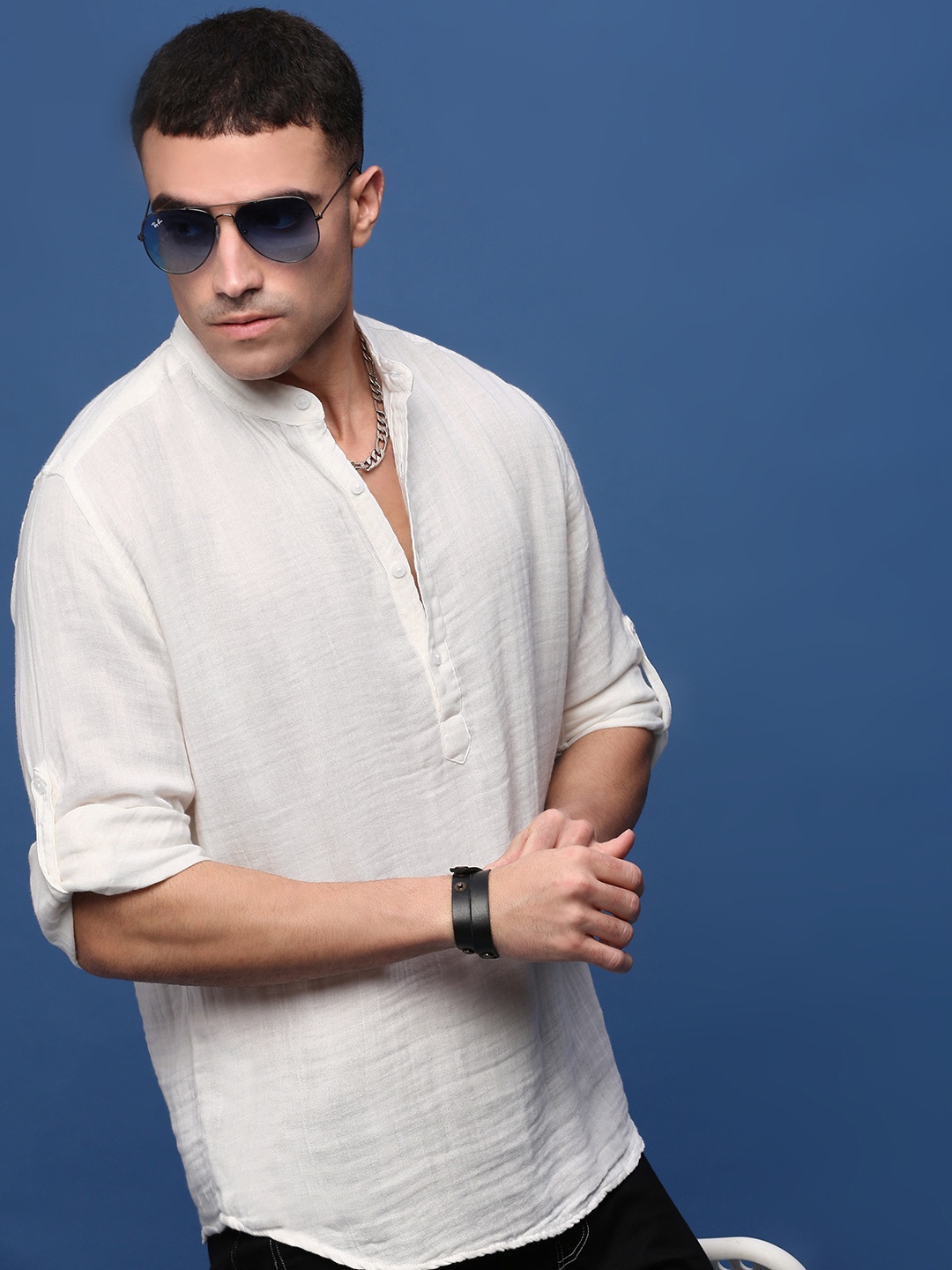 

SHOWOFF Mandarin Collar Roll Up Sleeves White Romance Straight Shirt