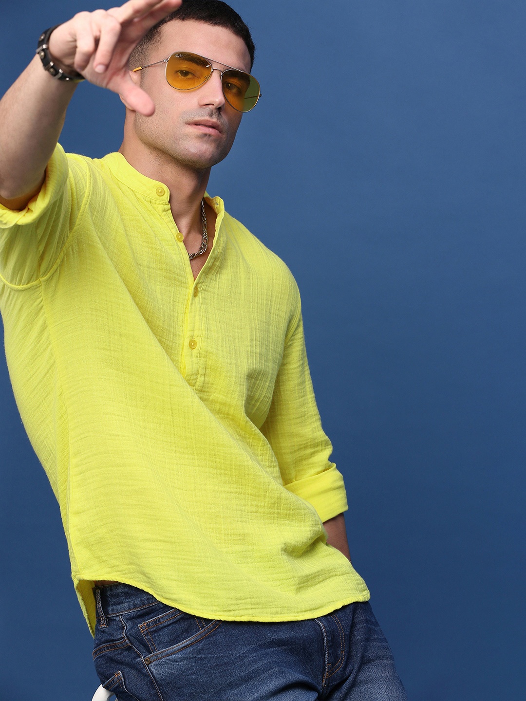

SHOWOFF Mandarin Collar Roll Up Sleeves Shirt, Yellow
