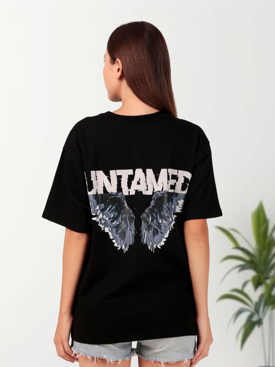 

Untamed Clothing Women Graphic Printed Round Neck Cotton Oversized T-Shirt, Black