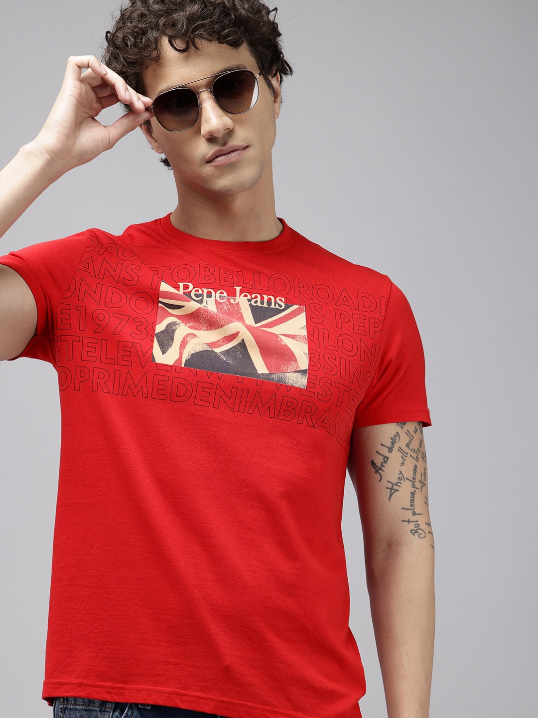 

Pepe Jeans Brand Logo Printed Pure Cotton Slim Fit T-shirt, Red