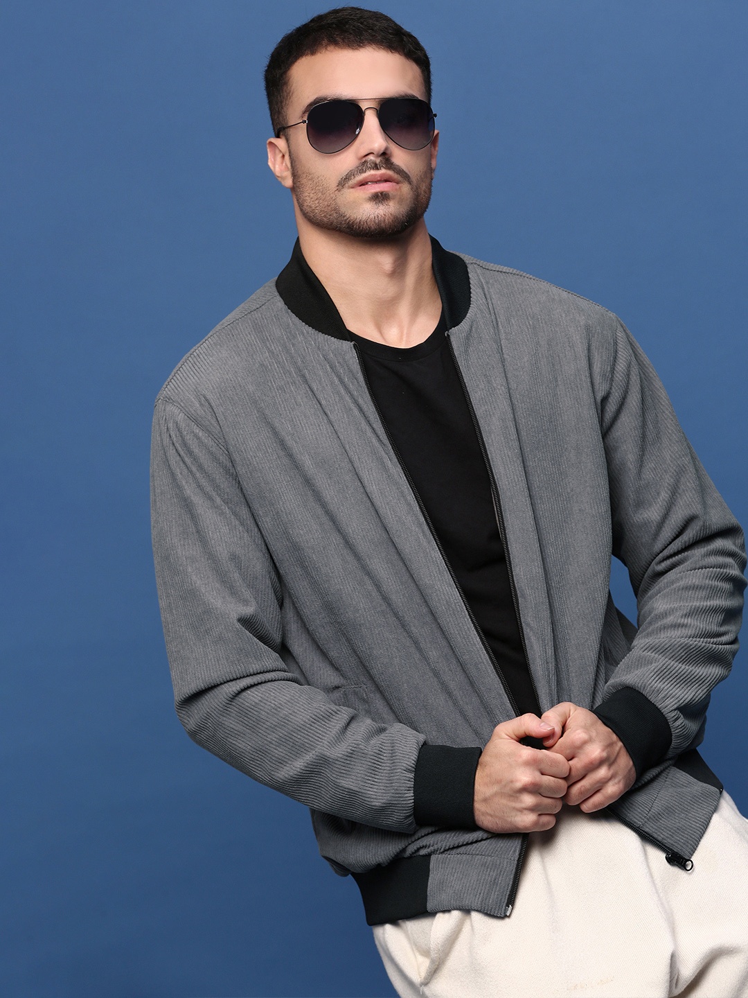 

SHOWOFF Men Corduroy Windcheater Bomber Jacket, Grey