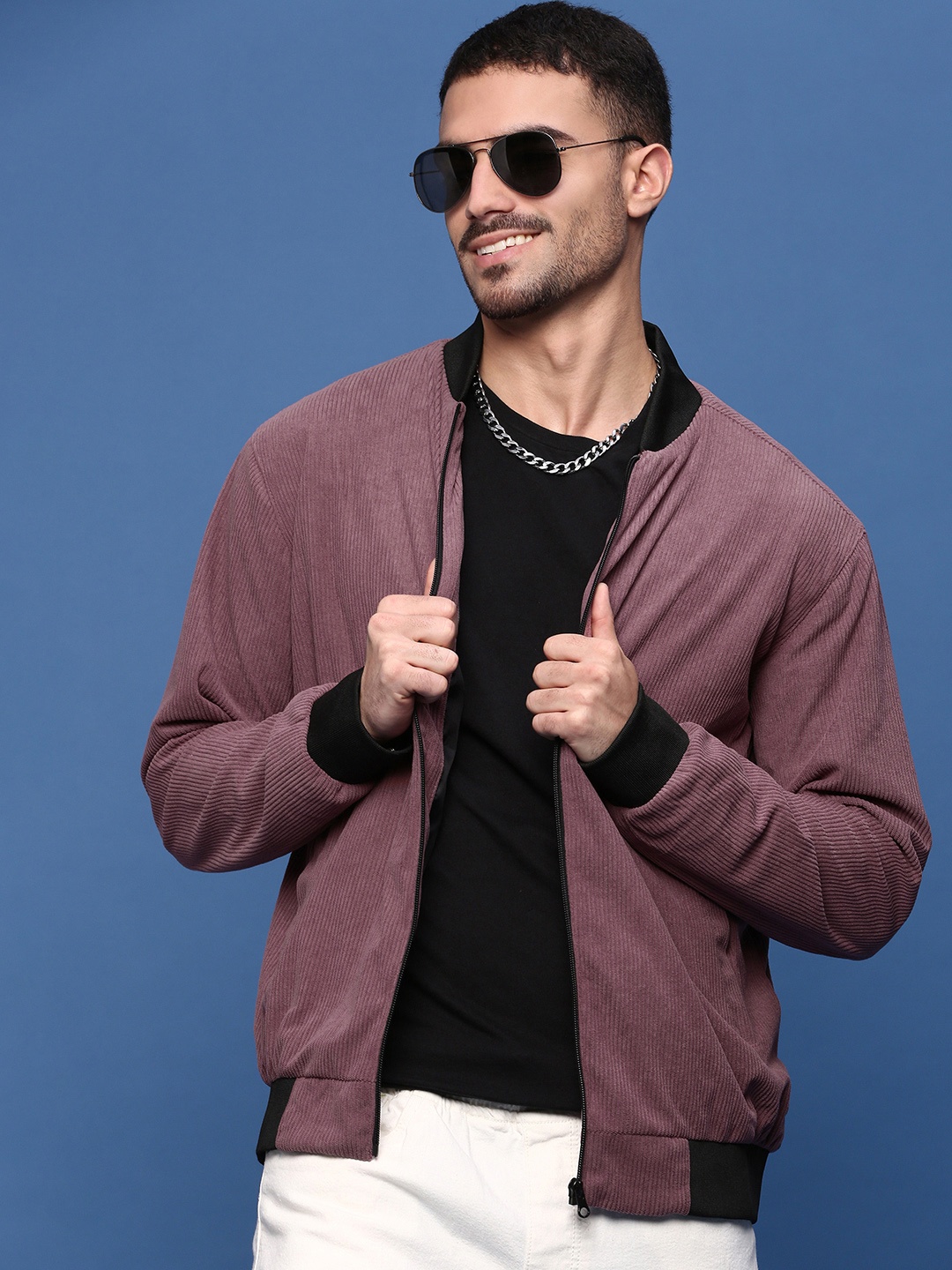 SHOWOFF Men Corduroy Windcheater Bomber Jacket, Mauve