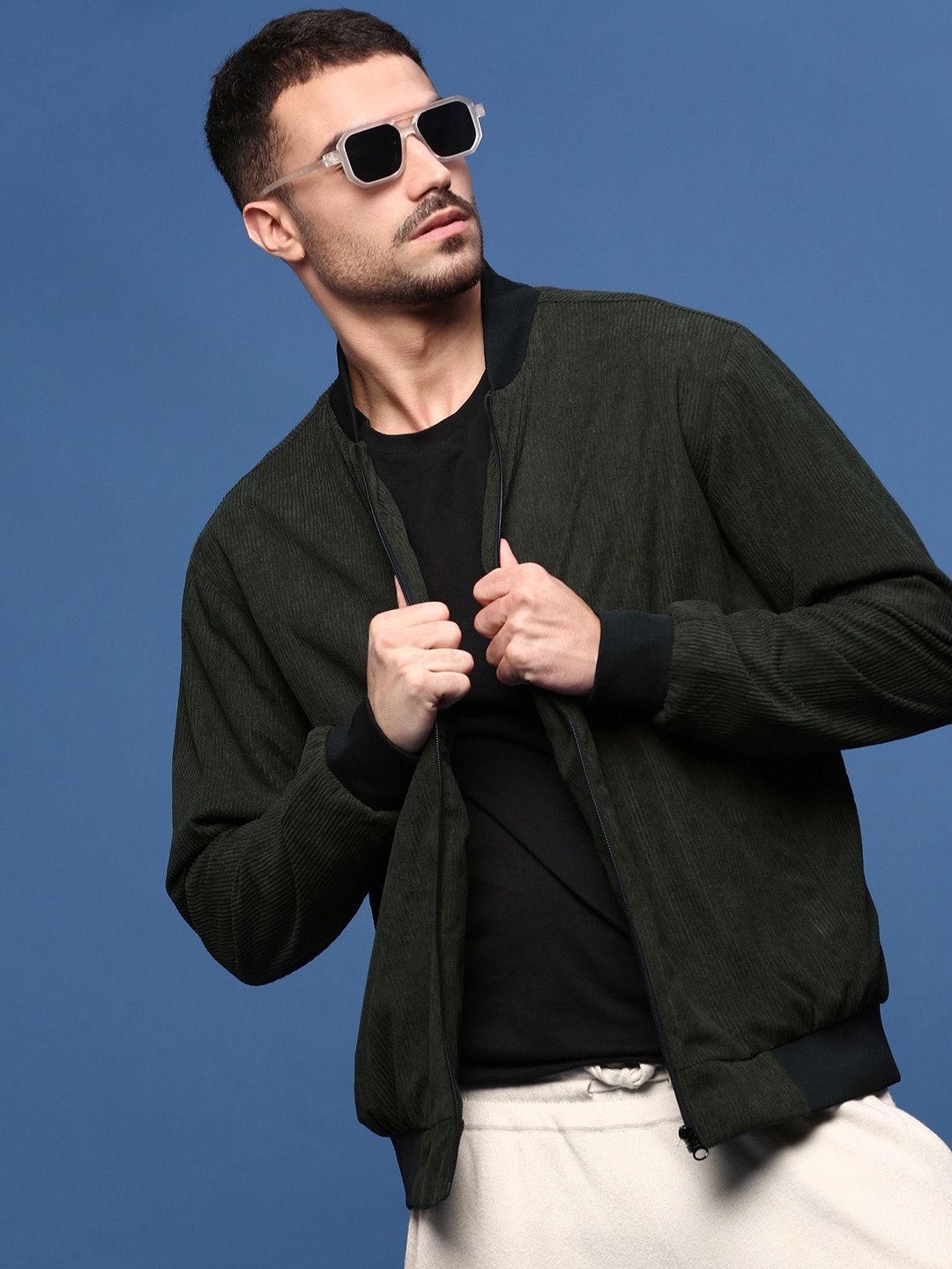 

SHOWOFF Men Corduroy Windcheater Bomber Jacket, Olive