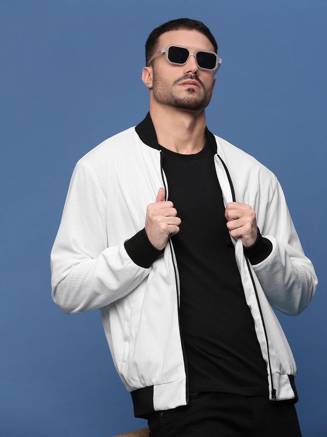 SHOWOFF Men Corduroy Windcheater Bomber Jacket, White