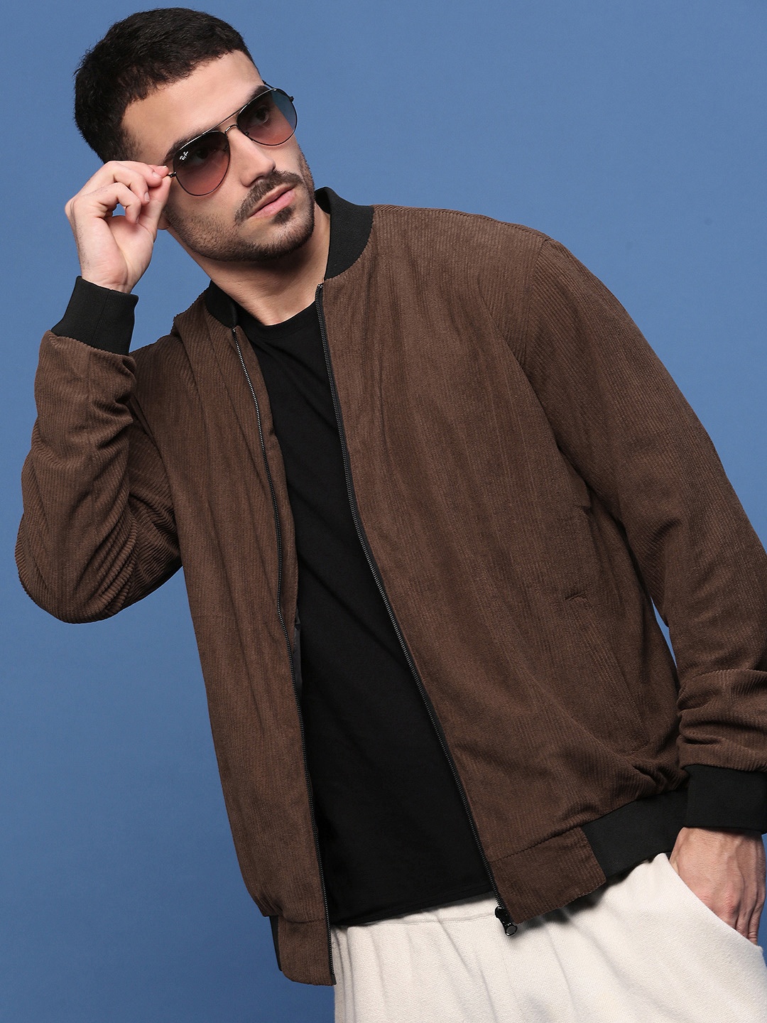 SHOWOFF Men Corduroy Windcheater Bomber Jacket, Brown