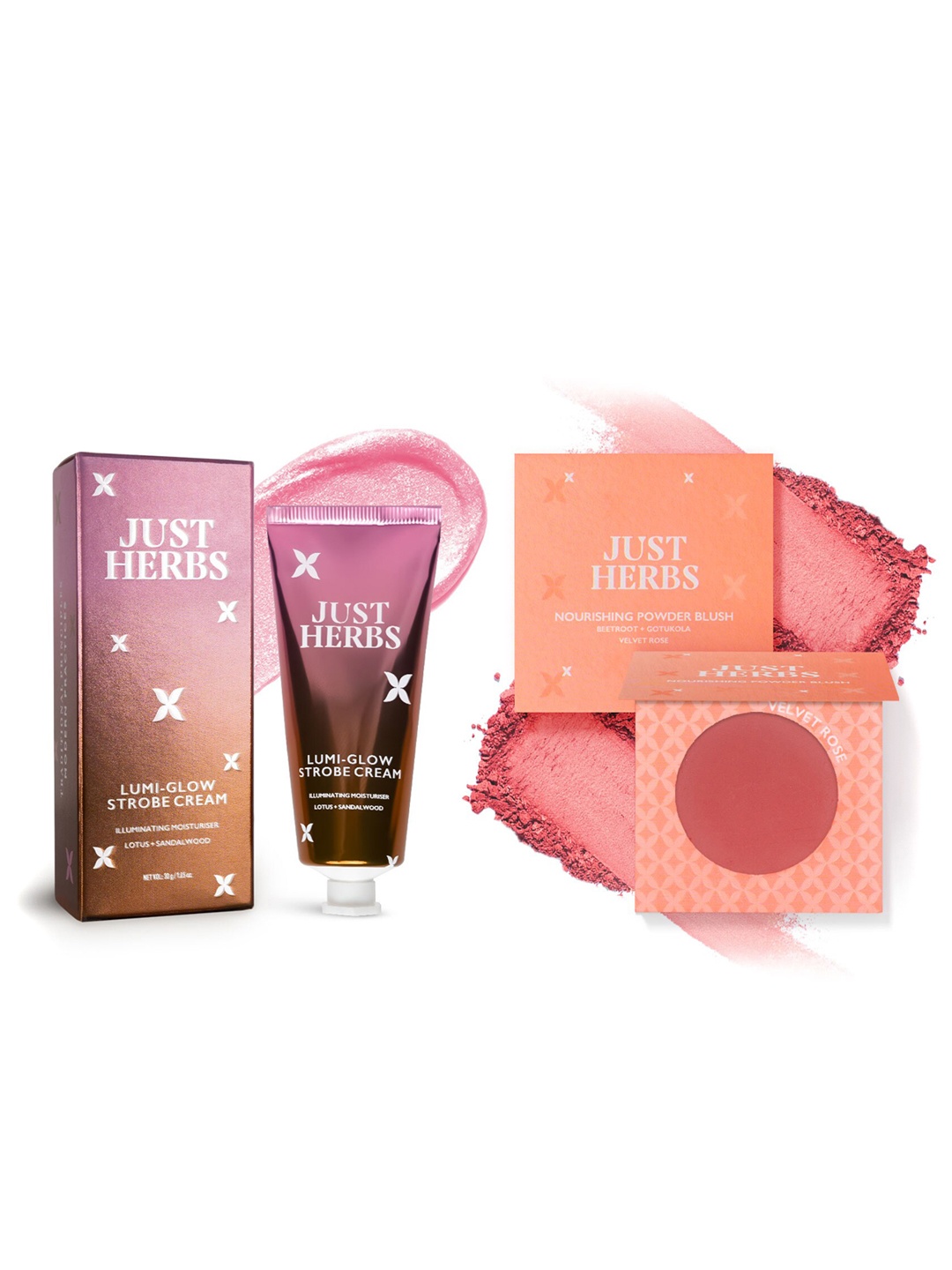 

Just Herbs Lumi-Glow Strobe Cream 30g & Nourishing Powder Blush 3.5g - Velvet Rose, Pink