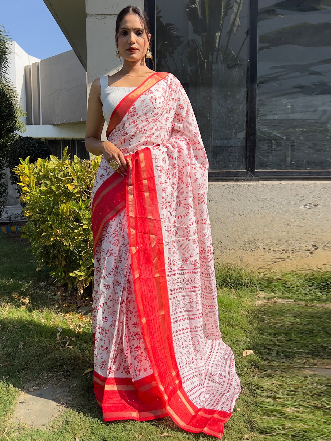 

Panzora Warli Zari Silk Cotton Ready to Wear Saree, Red