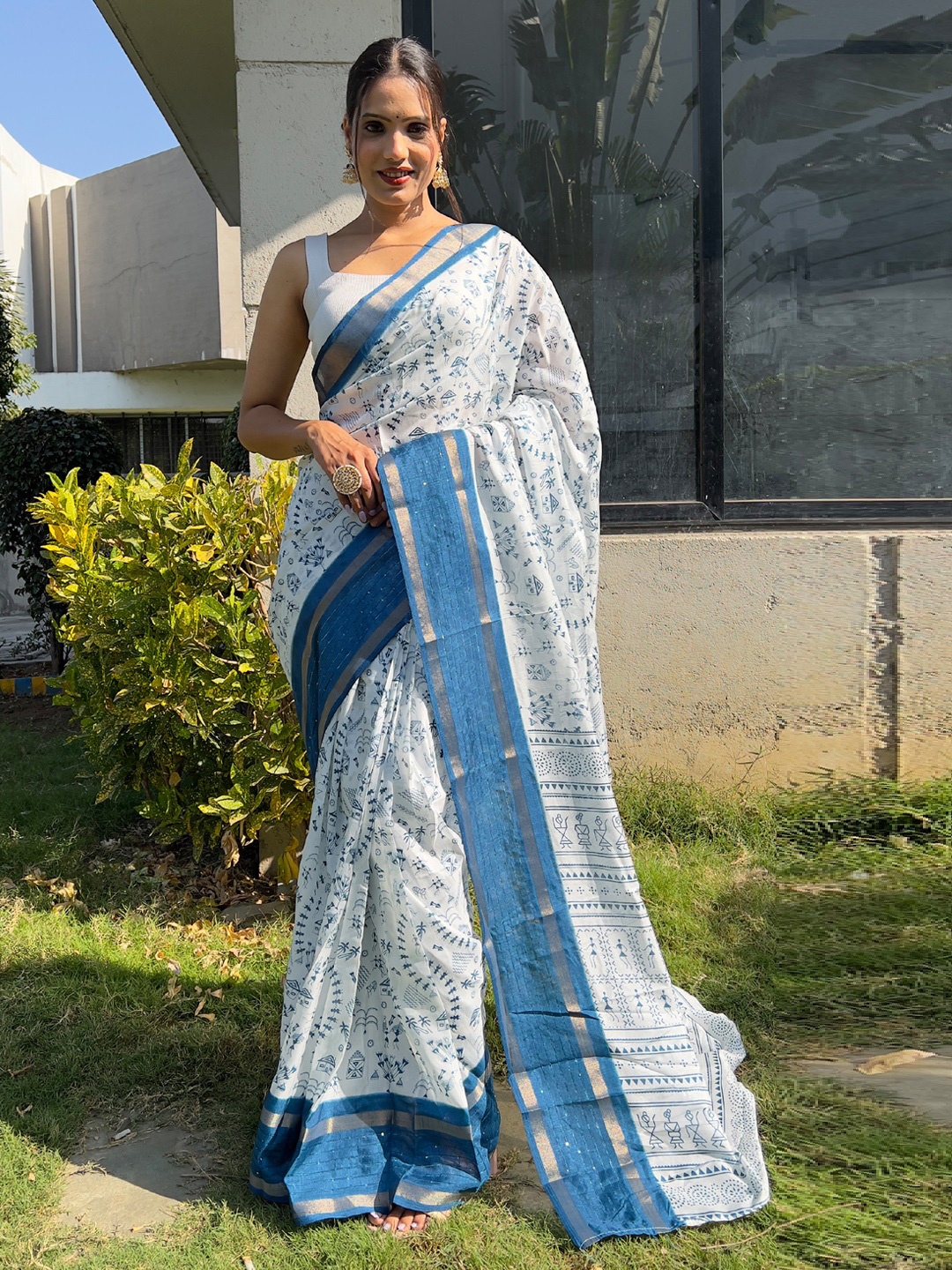 

Panzora Warli Printed Ready To Wear Saree, Blue