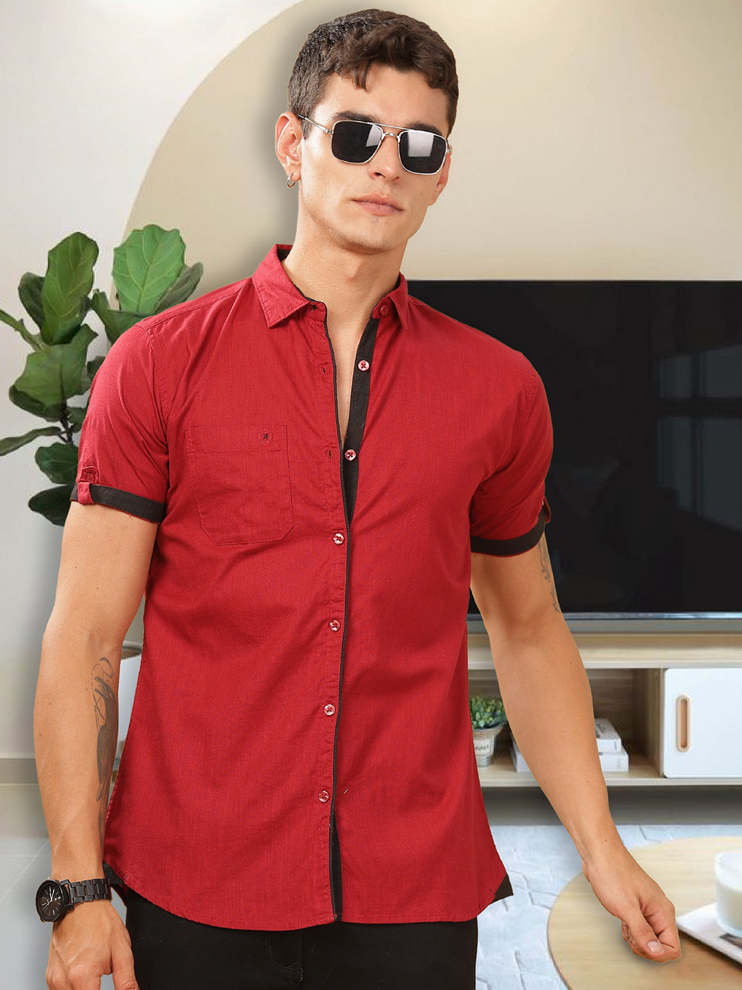 

Kuons Avenue Men Smart Spread Collar Solid Cotton Linen Slim Fit Casual Shirt, Maroon