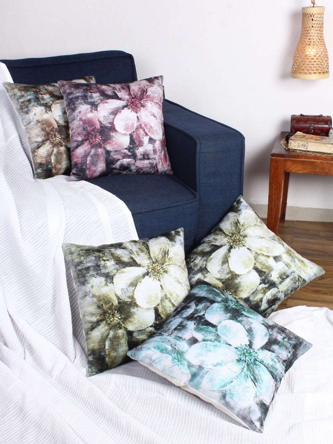 Myntra Elegant Homes Blue & Green 5 Pieces Floral Printed Velvet Square Cushion Covers