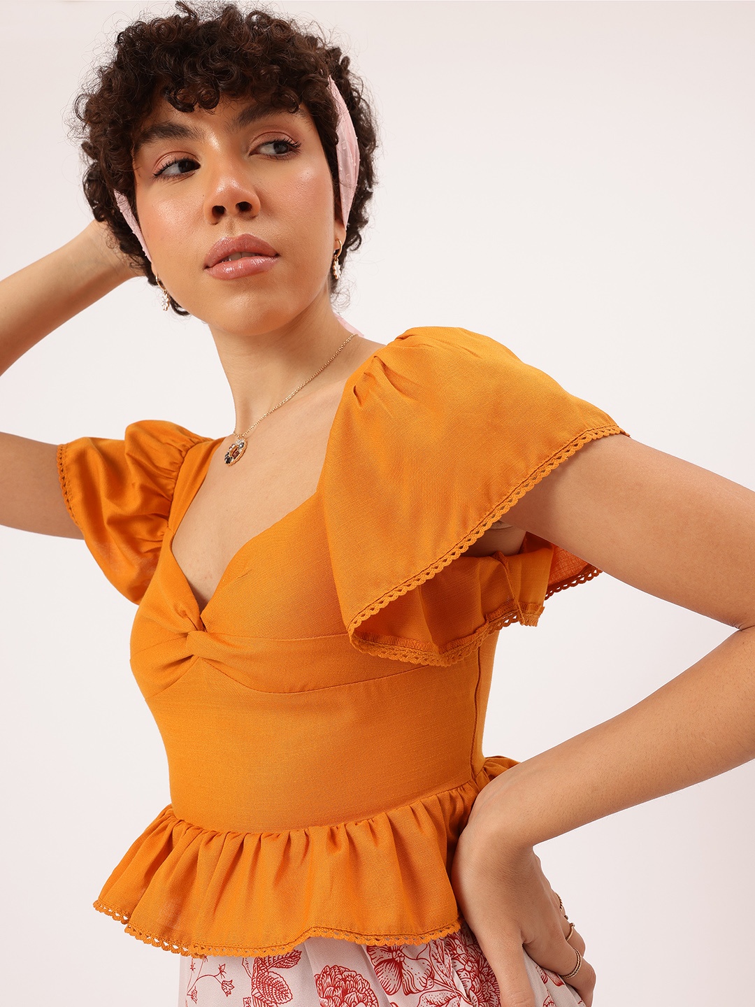 

DressBerry Retro Revival Twisted Lace Inserts Crop Peplum Top, Orange