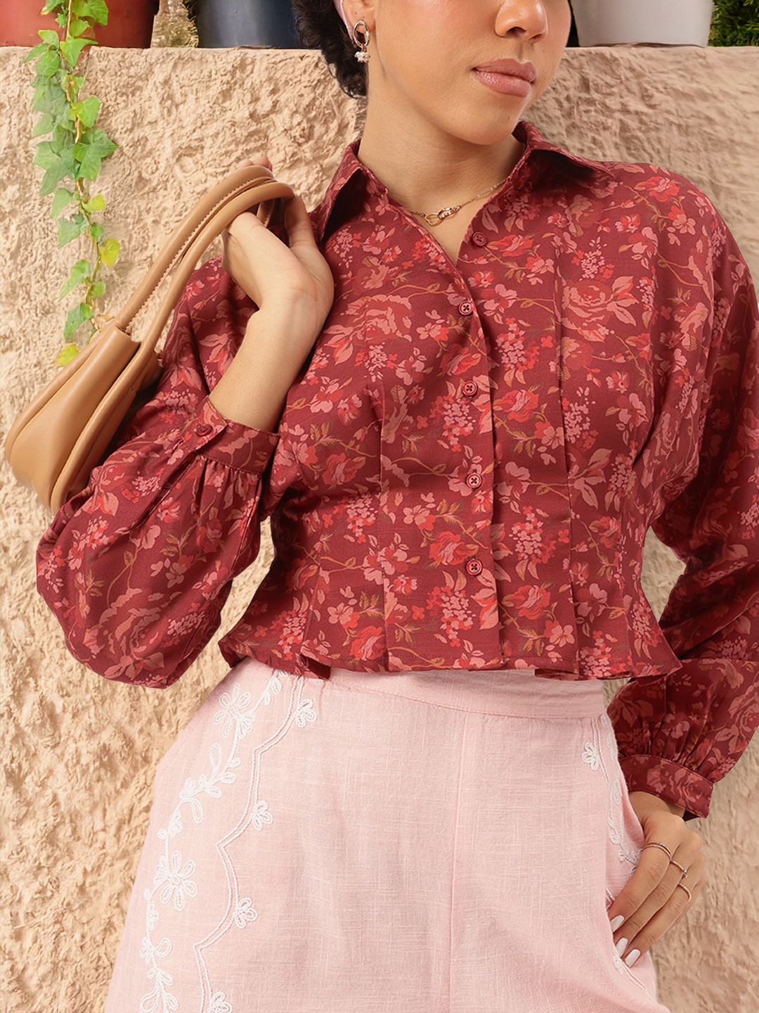 

DressBerry Floral Fantasy Pleated Printed Shirt Style Crop Top, Rust