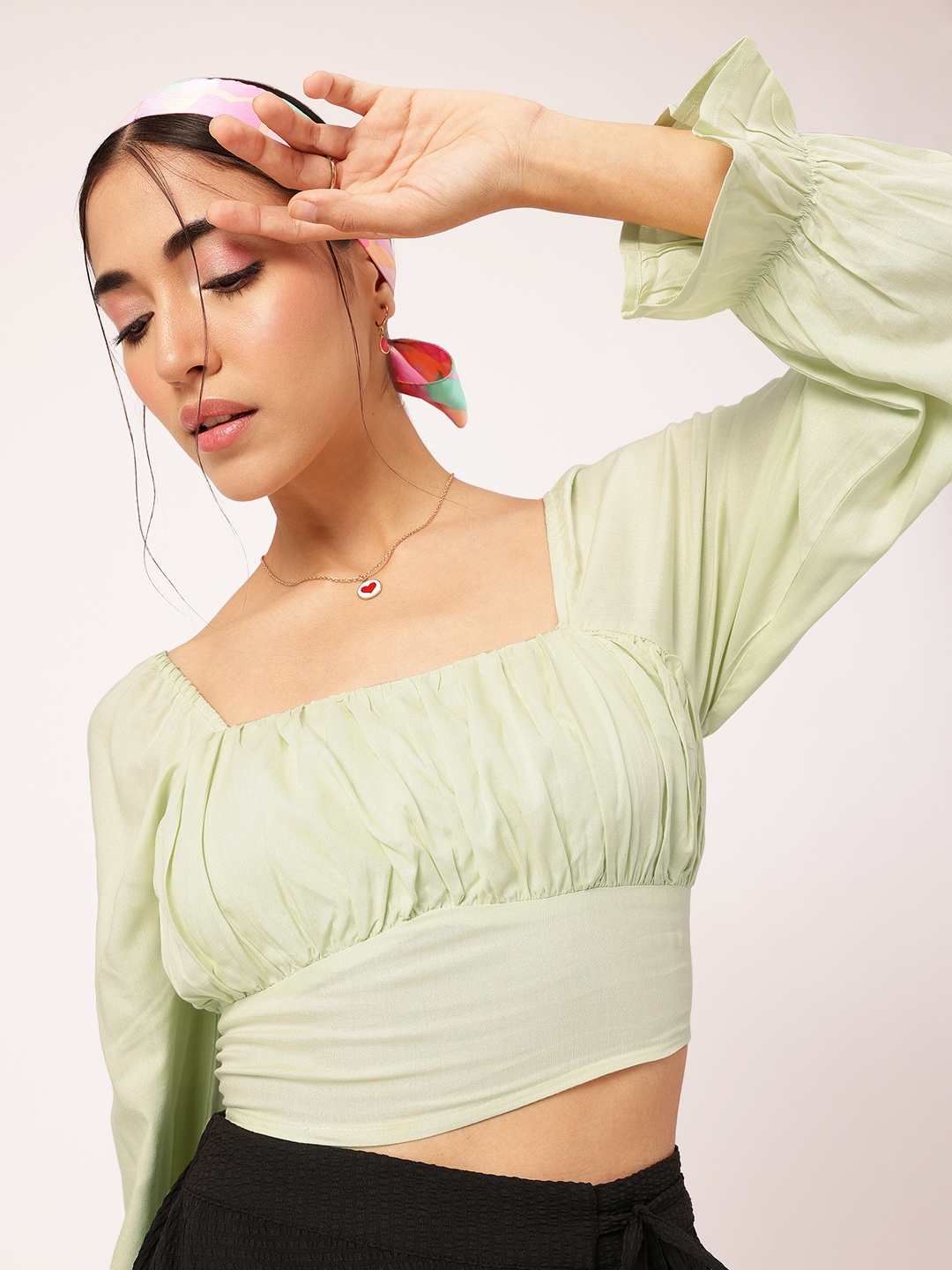 

DressBerry Power Shoulders Smocked & Ruched Empire Crop Top, Green