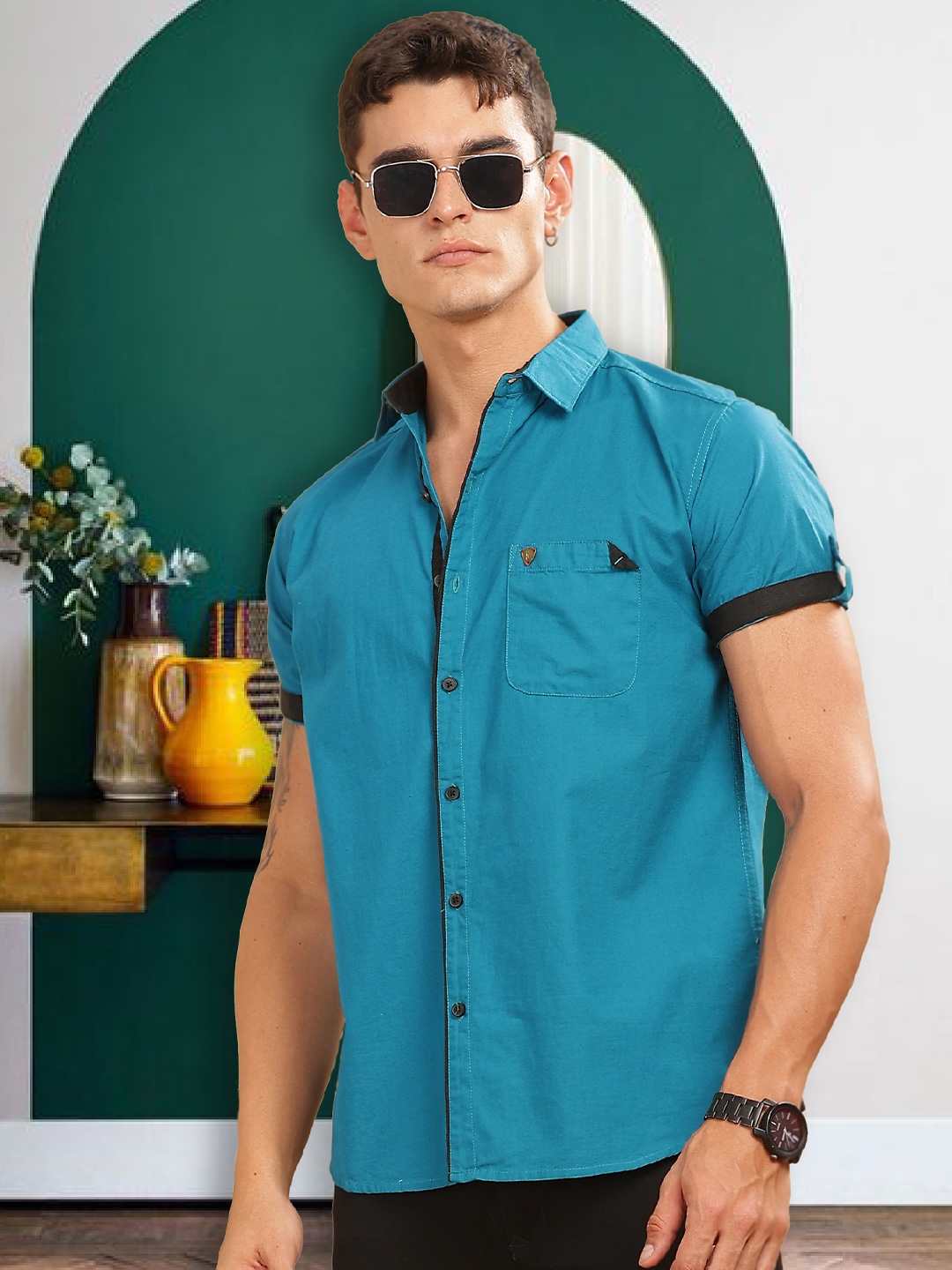 

Kuons Avenue Men Smart Spread Collar Solid Cotton Linen Slim Fit Casual Shirt, Blue