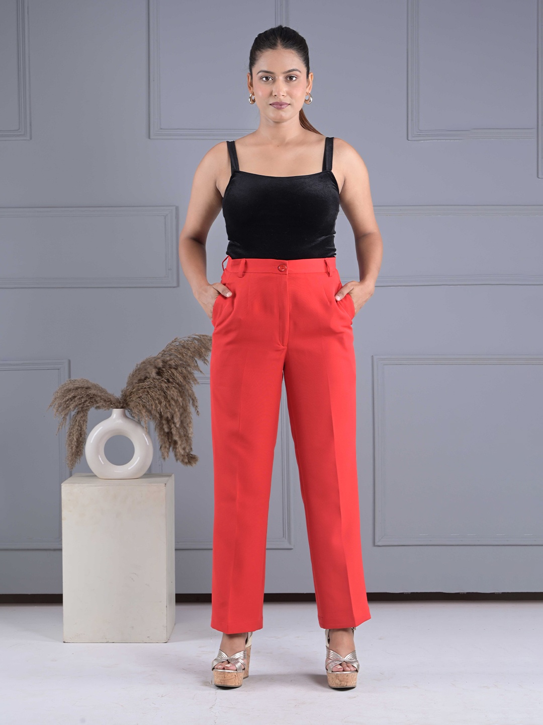 

IN ANY MANNER Women Relaxed Straight Leg High-Rise Trousers, Red