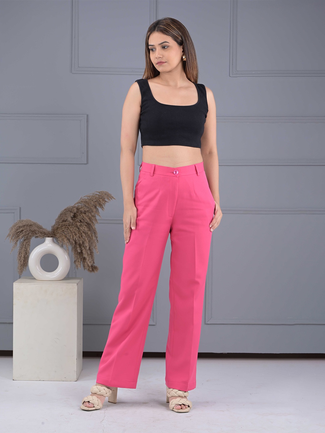 

IN ANY MANNER Women Relaxed Straight Leg High-Rise Trousers, Pink