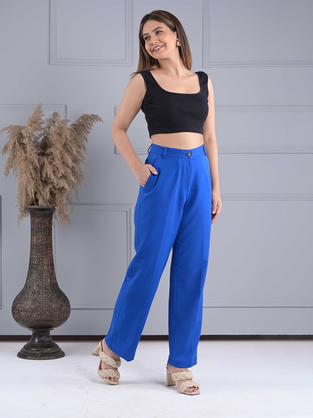 

IN ANY MANNER Women Relaxed Straight Leg High-Rise Trousers, Blue