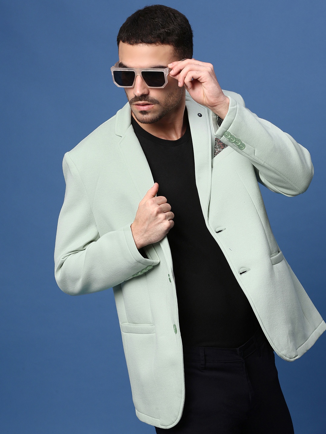 

SHOWOFF Slim Fit Single Breasted Notched Lapel Cotton Blazers, Sea green