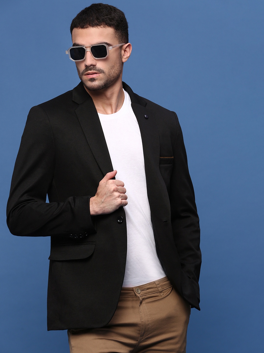 

SHOWOFF Slim Fit Single-Breasted Notched Lapel Cotton Blazers, Black