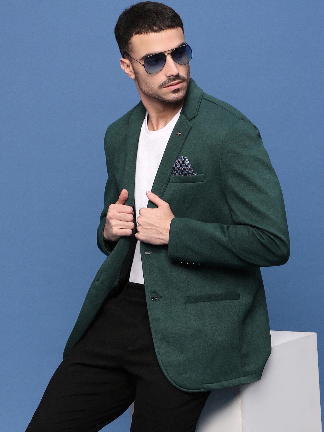 

SHOWOFF Slim Fit Single-Breasted Notched Lapel Cotton Blazers, Green
