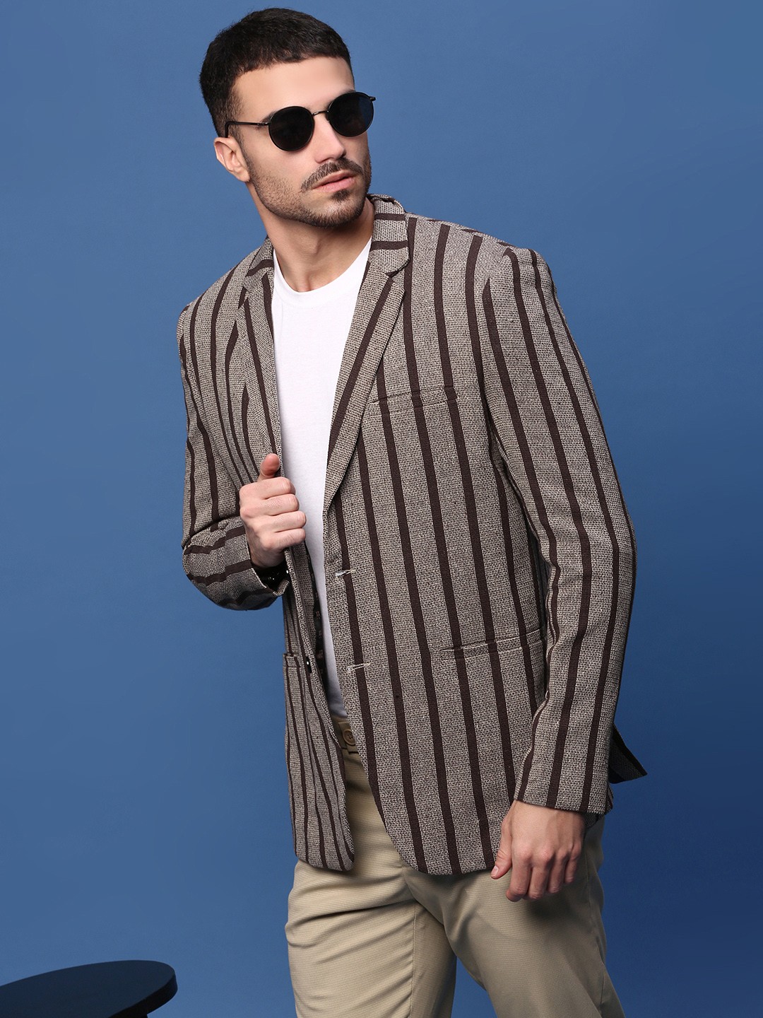

SHOWOFF Striped Notched Lapel Slim Fit Single Breasted Cotton Blazers, Navy blue