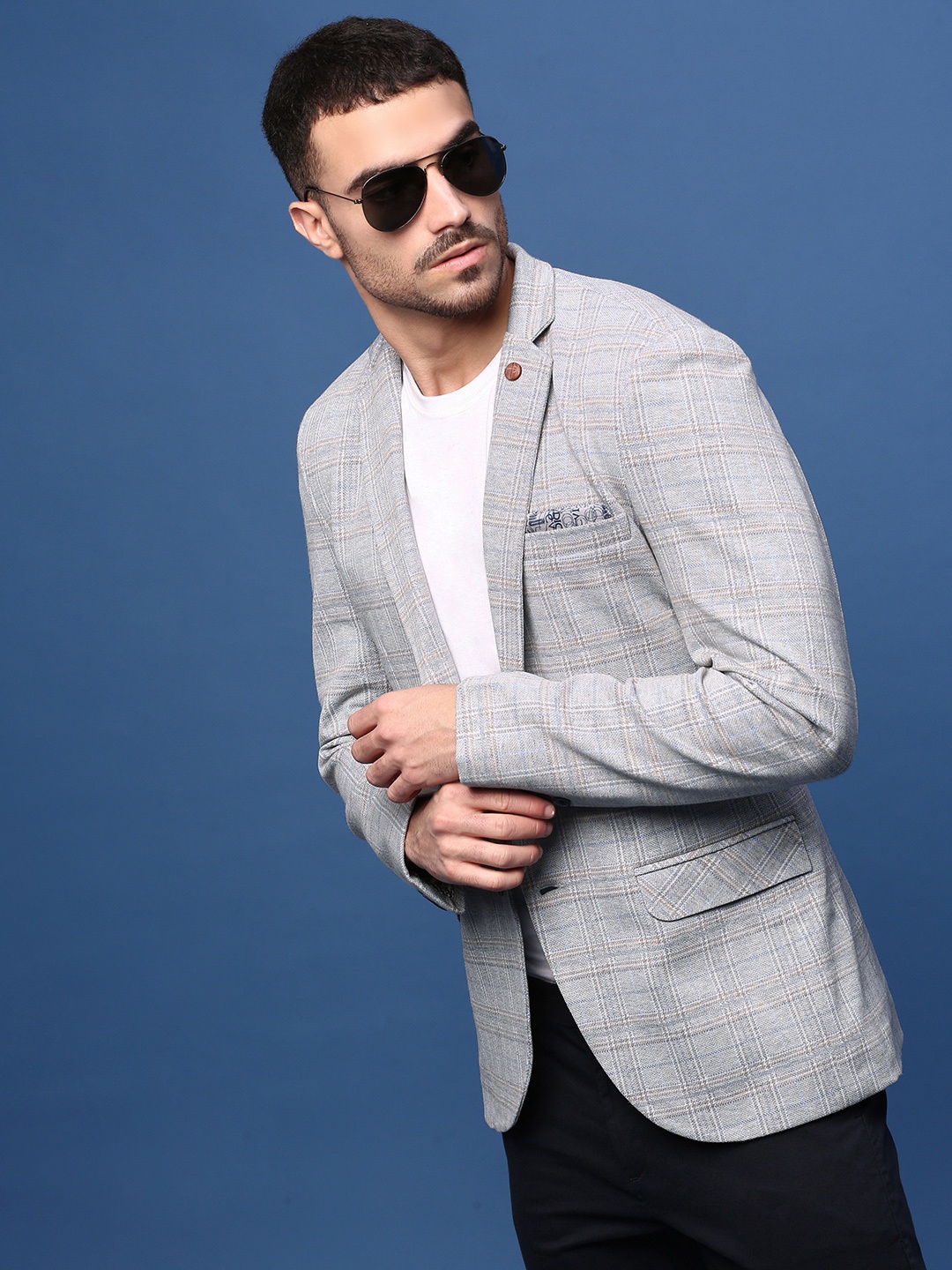 

SHOWOFF Slim Fit Single-Breasted Checked Notched Lapel Cotton Blazers, Grey