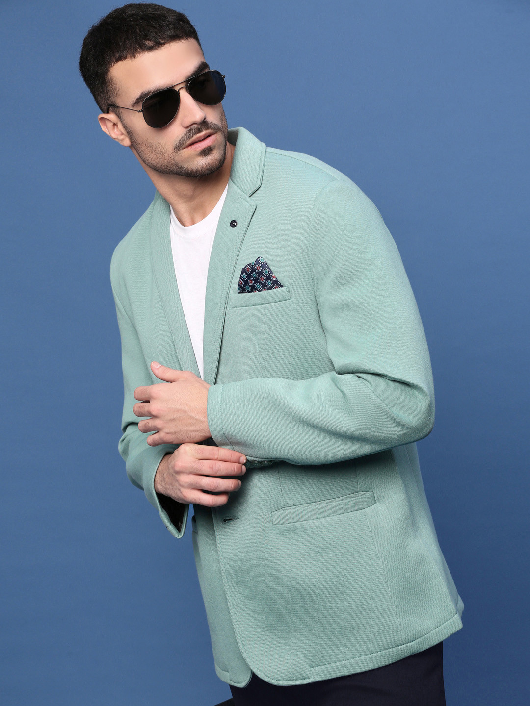 

SHOWOFF Slim Fit Single Breasted Notched Lapel Cotton Blazers, Turquoise blue