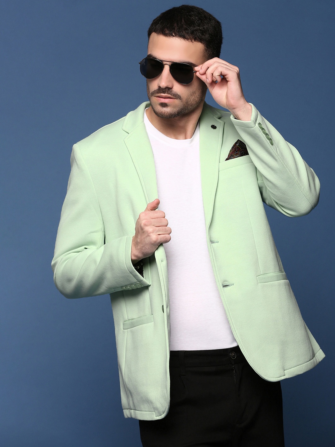 

SHOWOFF Slim Fit Single Breasted Notched Lapel Cotton Blazers, Sea green