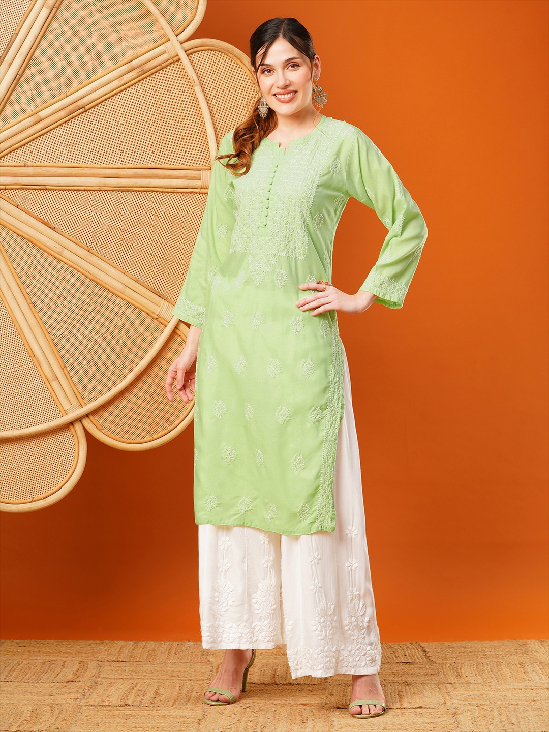 

ADA Ethnic Motifs Embroidered Chikankari Cotton Straight Kurta, Green