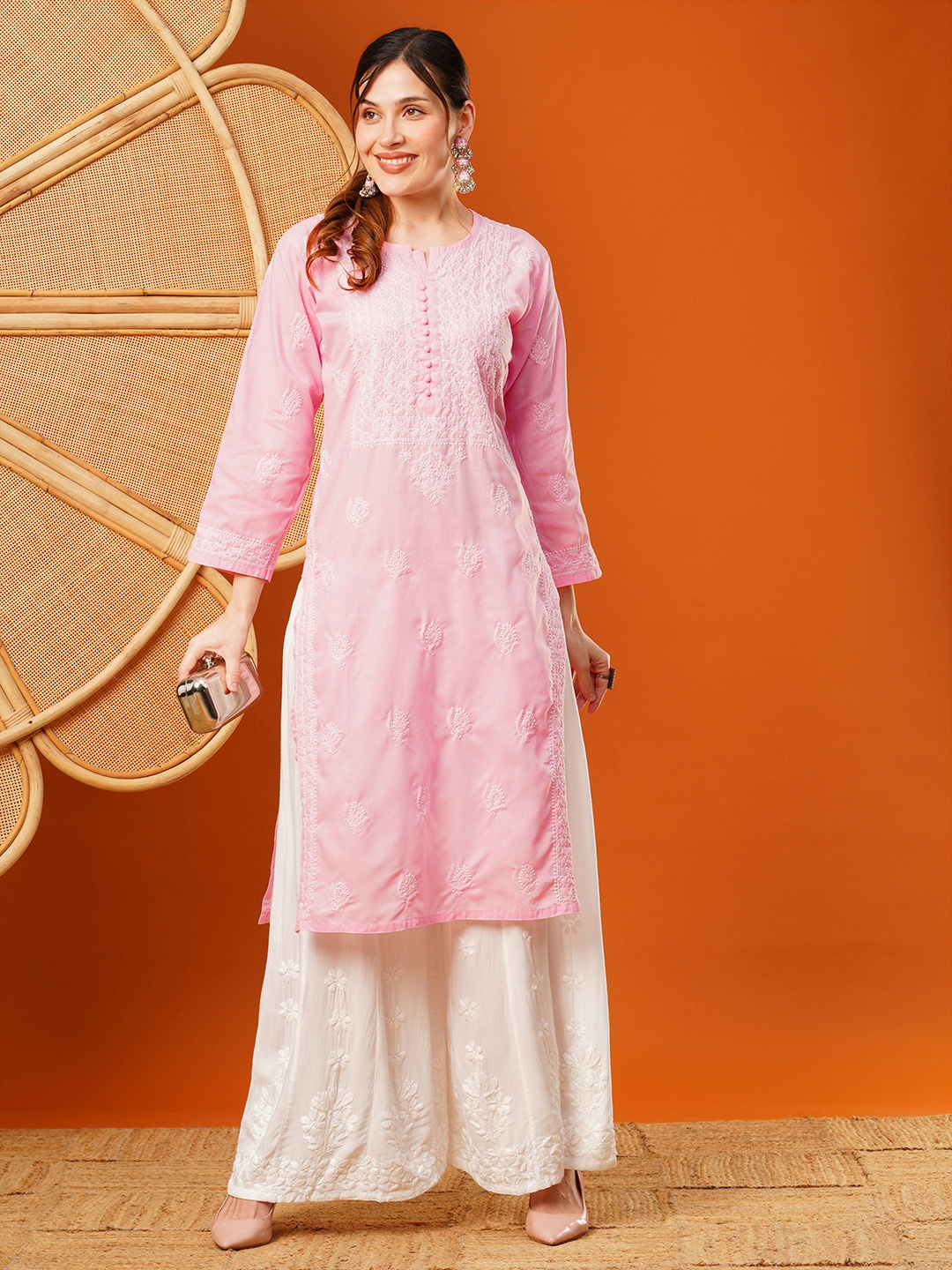 

ADA Ethnic Motifs Embroidered Chikankari Detail Long Sleeves Side Slit Regular Kurta, Pink