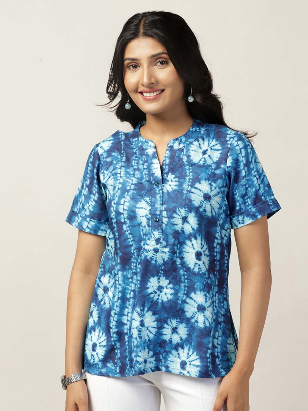 

BAESD Tie and Dye Print Mandarin Collar Top, Blue