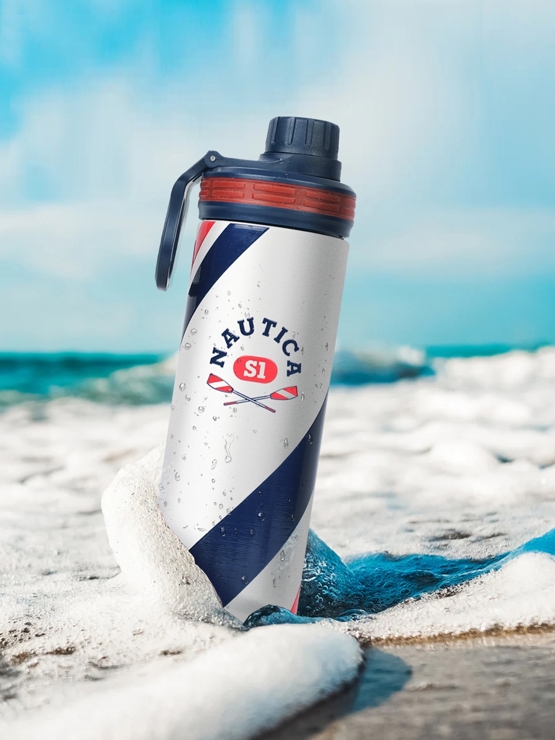 

Nautica White & Navy Blue Printed Stainless Steel Smart Vacuum Water Bottle-500ML