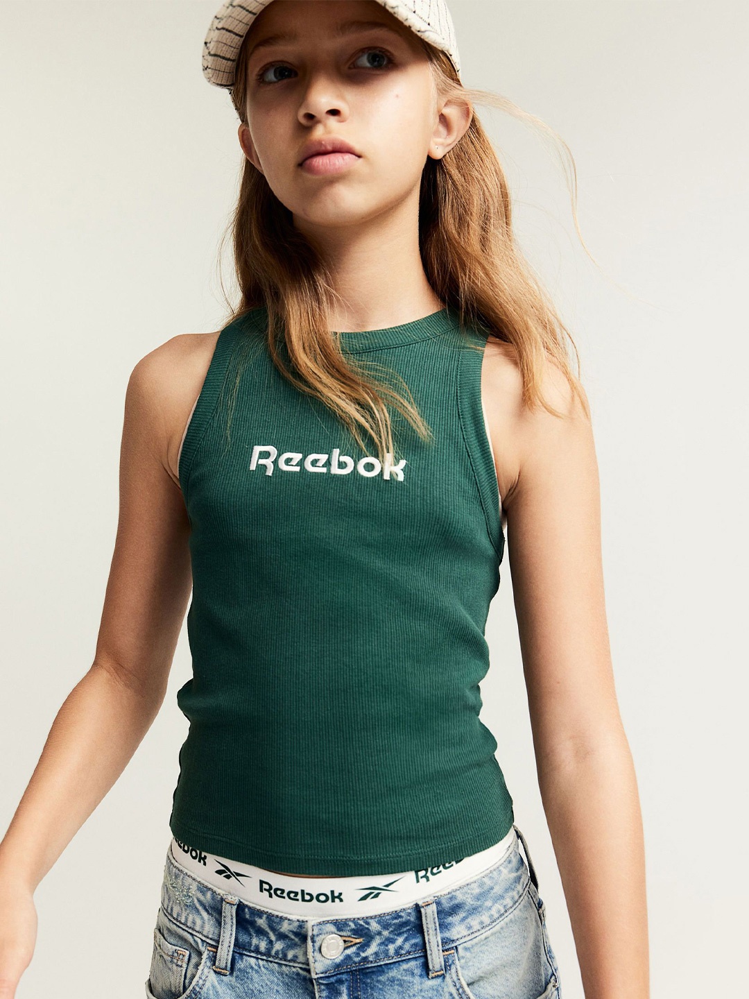 

H&M Girls Embroidered-Motif Ribbed Vest Tops, Green
