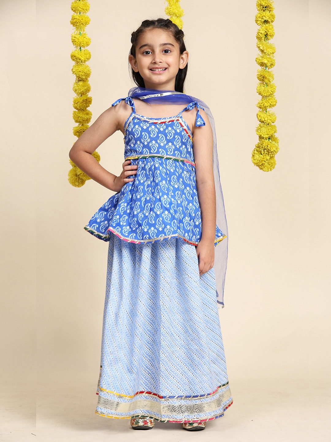 

Cutiekins Girls Printed Cotton Ready to Wear Lehenga & Top With Dupatta, Blue