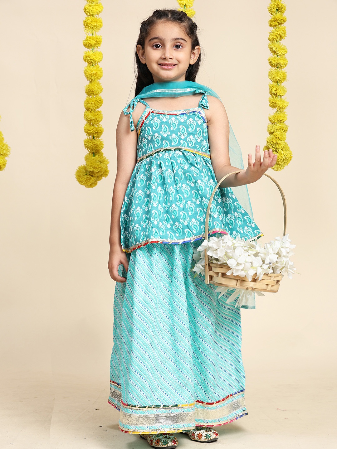 

Cutiekins Girls Paisley Printed Cotton Ready to Wear Lehenga & Blouse With Dupatta, Turquoise blue