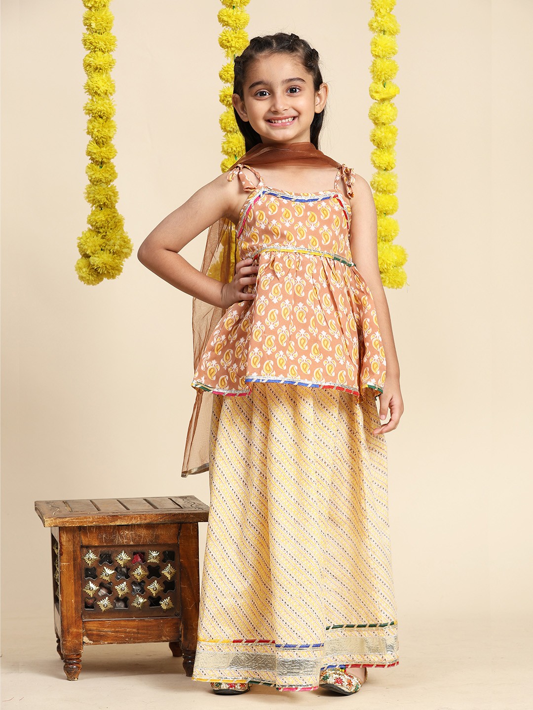 

Cutiekins Girls Paisley Printed Cotton Ready to Wear Lehenga & Blouse With Dupatta, Bronze