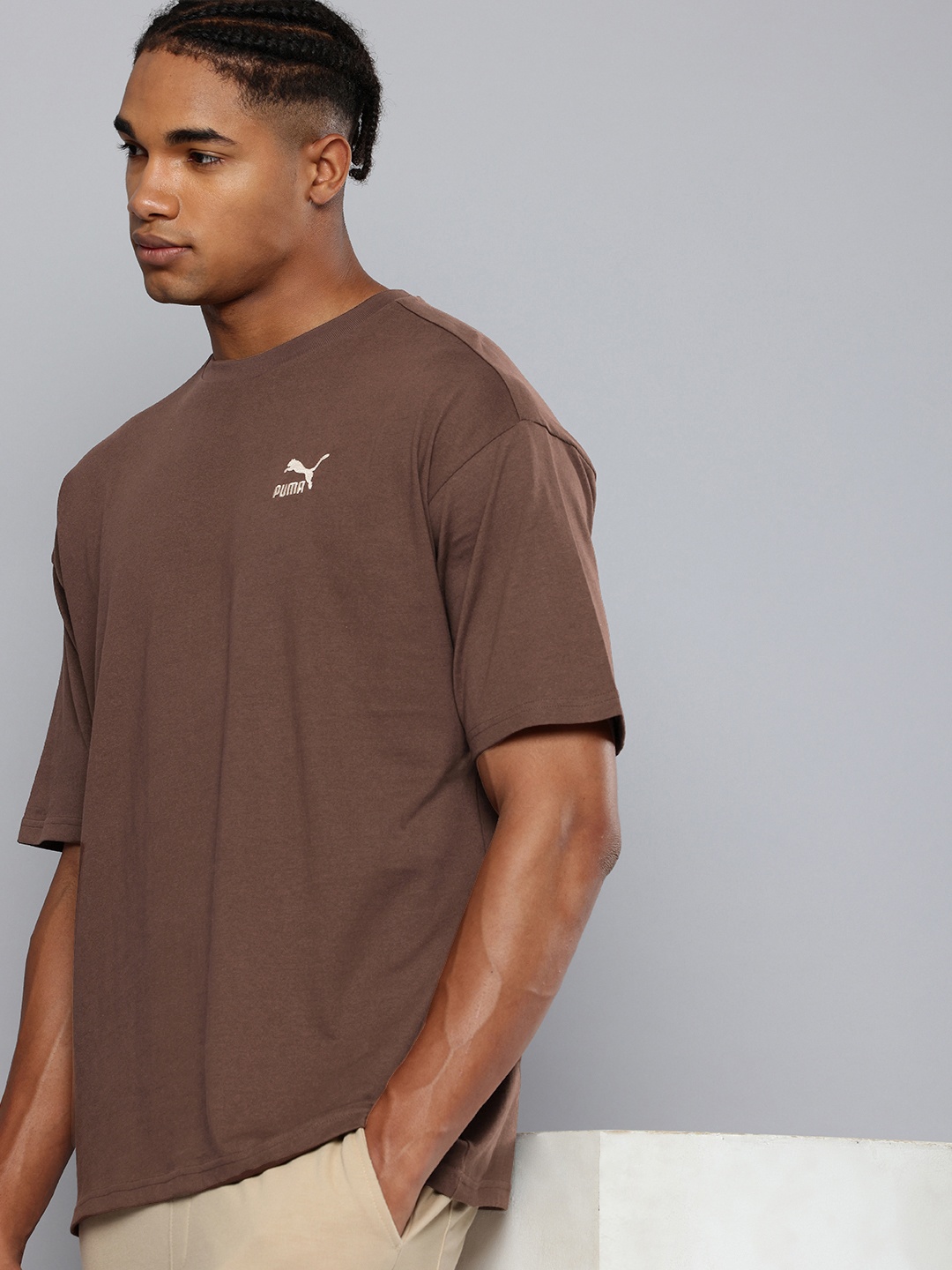 

Puma Unisex Drop-Shoulder Sleeves Pure Cotton Oversized T-shirt, Brown