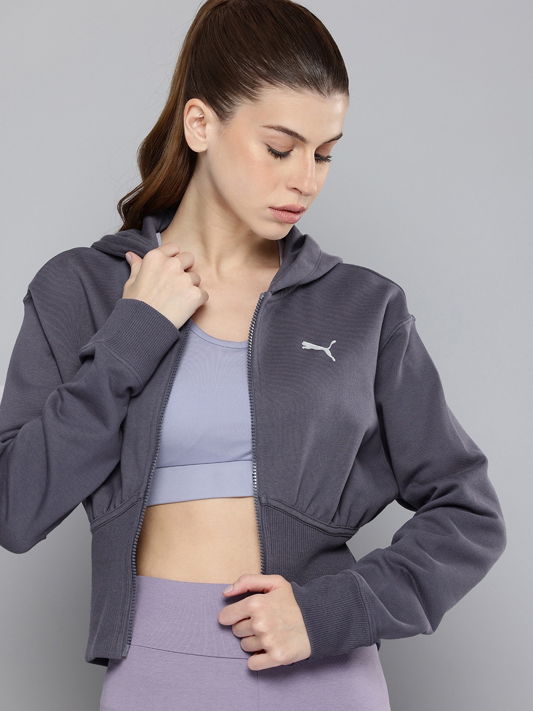 Puma DARE TO Crop Slim Fit Outdoor Hooded Sporty Jacket, Grey