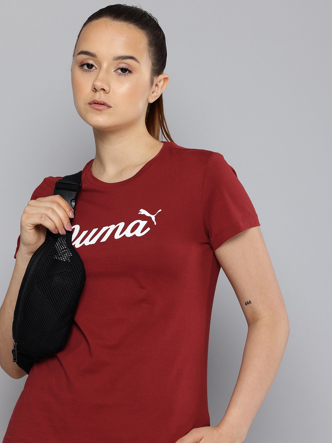Puma Script Brand Logo Printed Pure Cotton T-shirt, Maroon