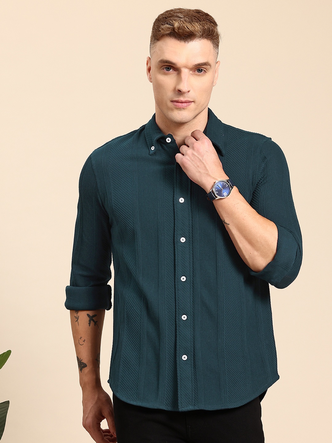 

Mast & Harbour Men Classic Textured Casual Shirt, Navy blue