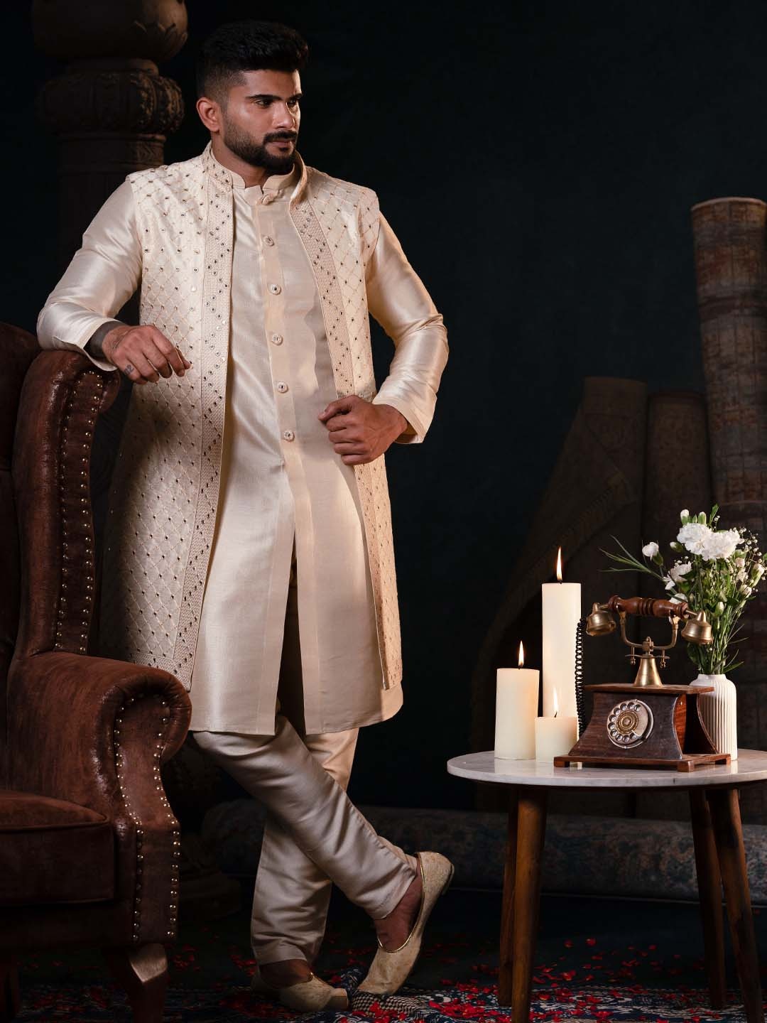 

TheEthnic.Co Floral Yoke Design Thread Work Straight Kurta with Trousers, Cream