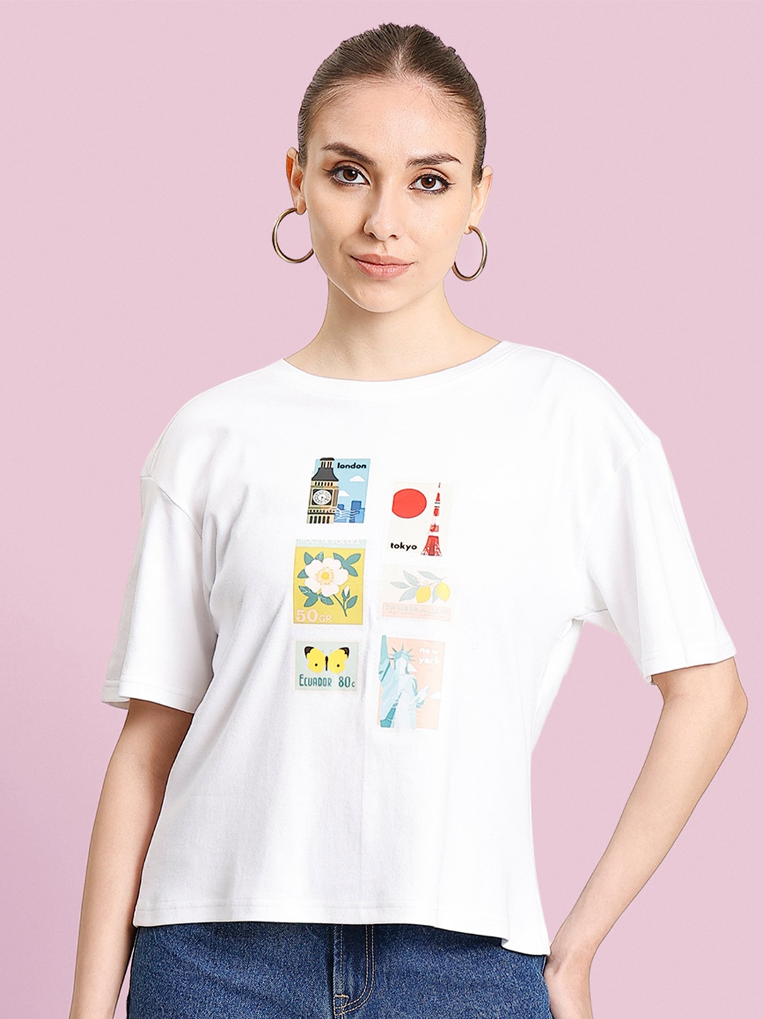 

Bene Kleed Women Graphic Printed Round Neck Cotton Boxy T-Shirt, White