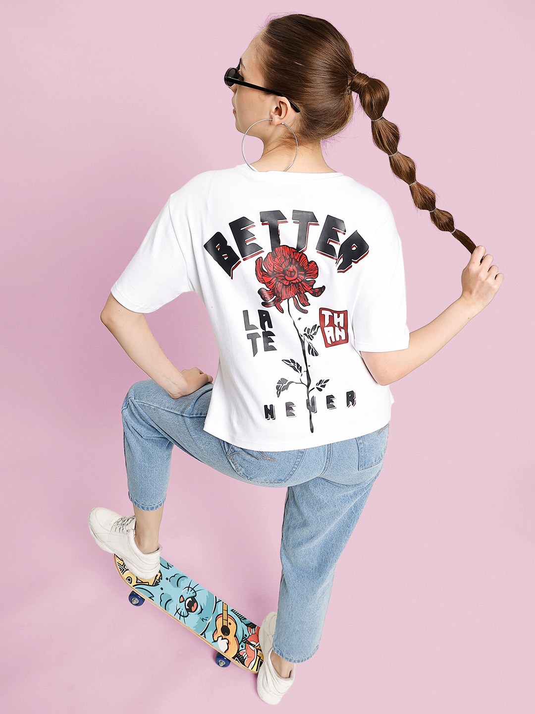 

Bene Kleed Women Floral Printed Round Neck Cotton Boxy T-Shirt, White