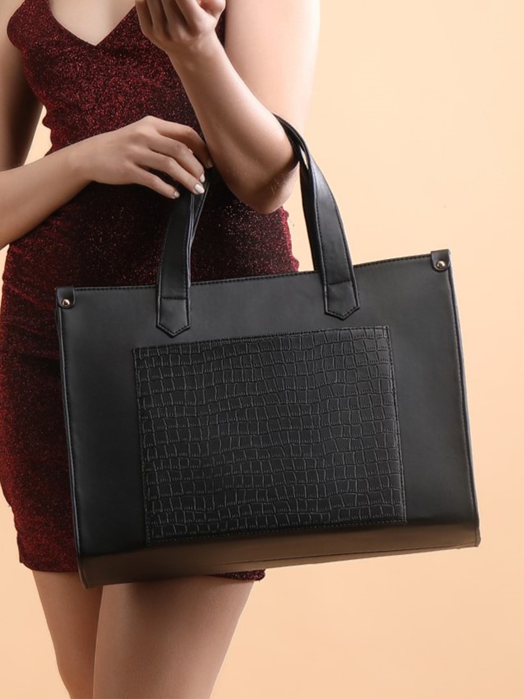 

ALL ABOUT HER Textured PU Swagger Tote Bag with Quilted, Black