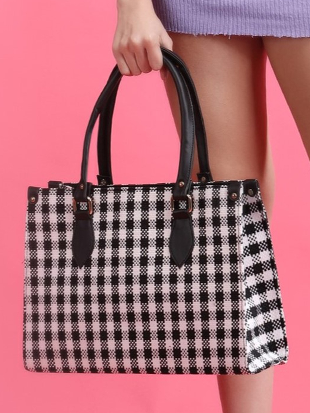 

ALL ABOUT HER Checked Shopper Tote Bag with, Black