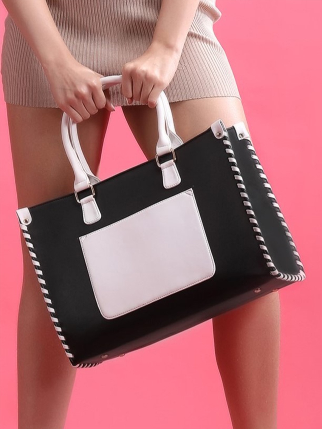 

ALL ABOUT HER Colourblocked PU Structured Tote Bag with Fringed, Black
