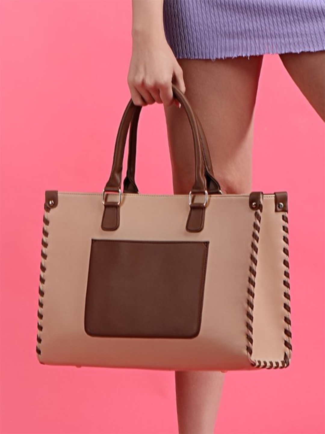 

ALL ABOUT HER Colourblocked PU Structured Tote Bag with Applique, Beige