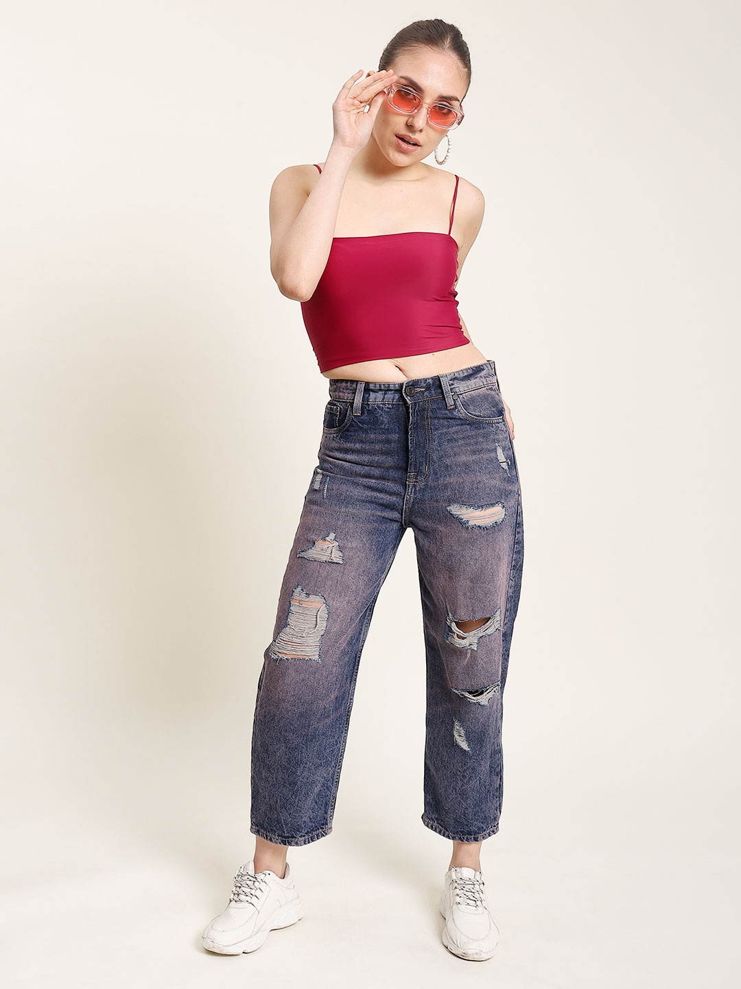 

Bene Kleed Women Classic Relaxed Fit High-Rise Mildly Distressed Pure Cotton Jeans, Purple