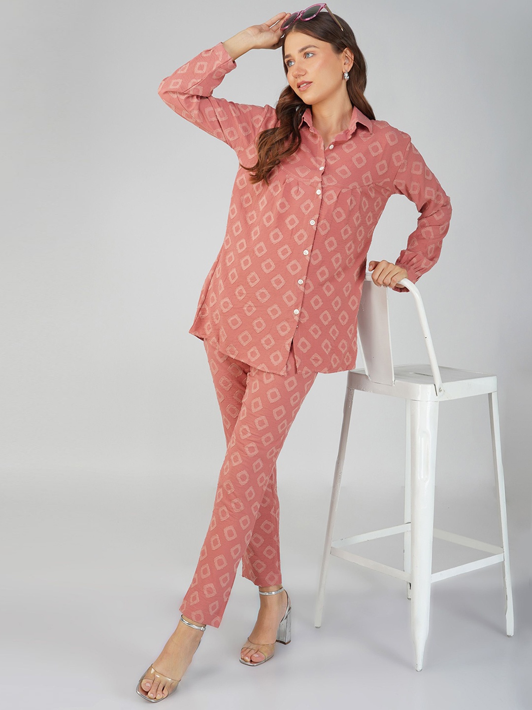 

Bindigasm Self Design Shirt With Trousers, Peach
